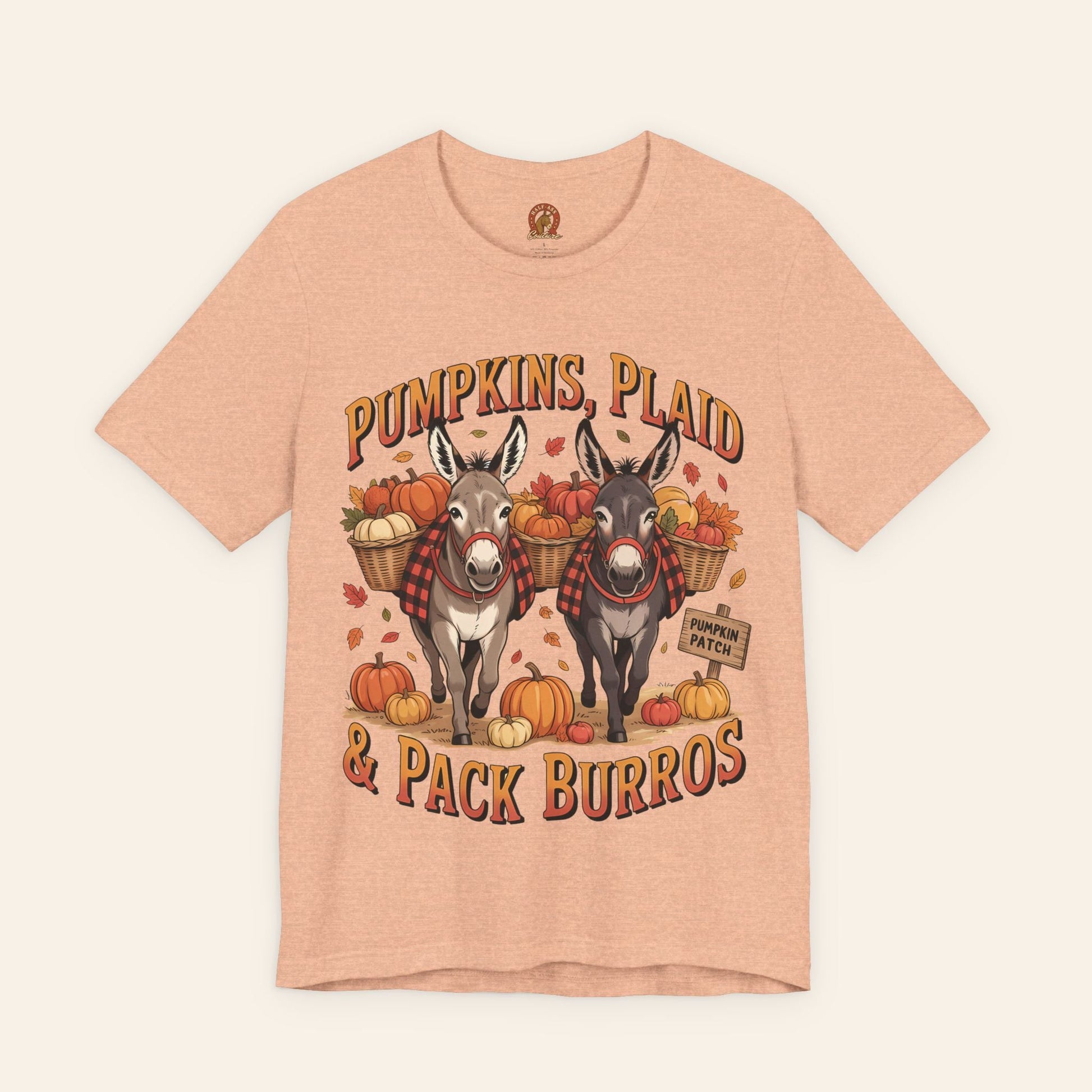 T-Shirt Fall Harvest Tee - Pumpkins, Plaid & Pack Burros Unisex T-Shirt Heather Peach / S