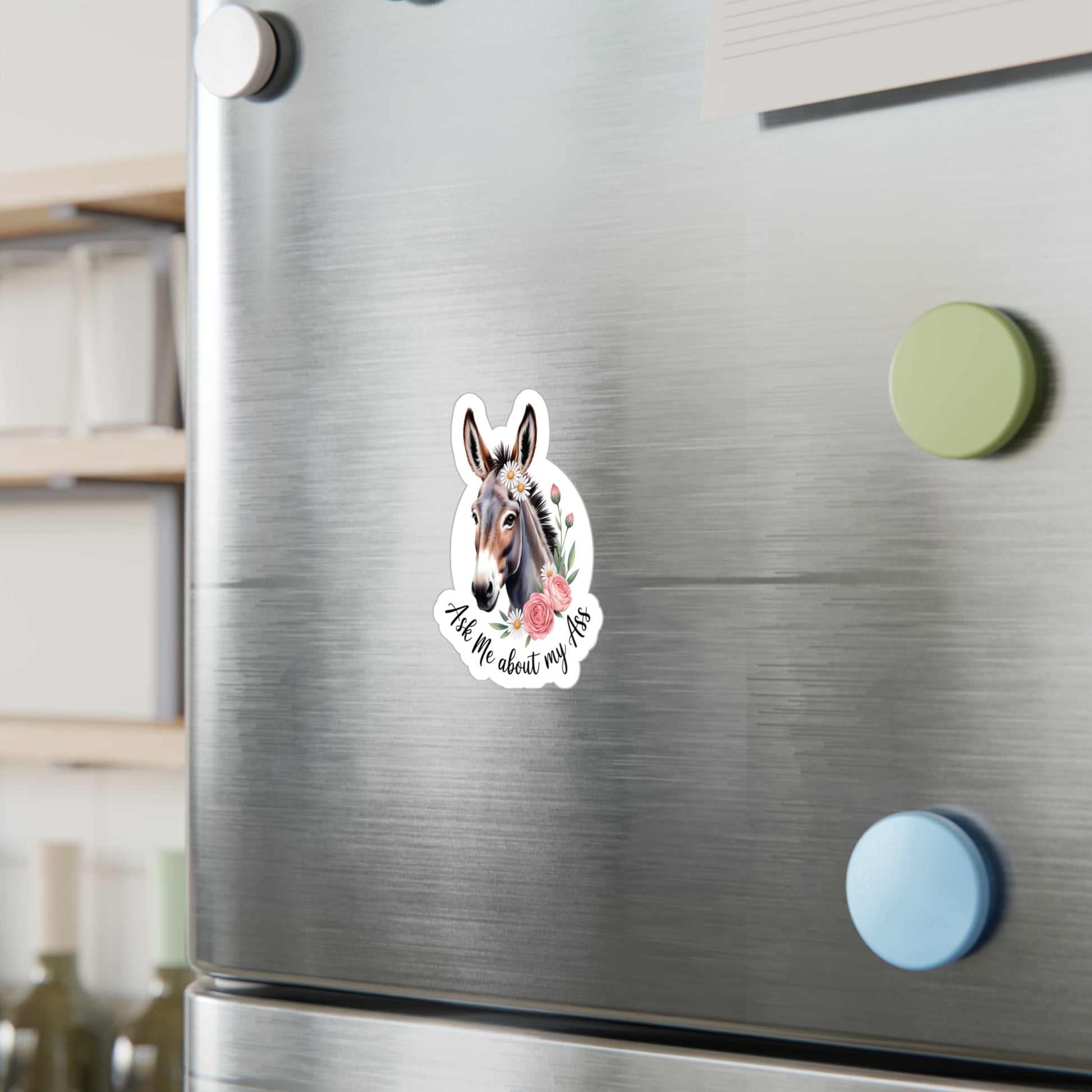 3" x 4" Kiss-Cut Satin | Ask Me About My Ass – Floral Donkey & Mule Kiss-Cut Sticker | Stickers