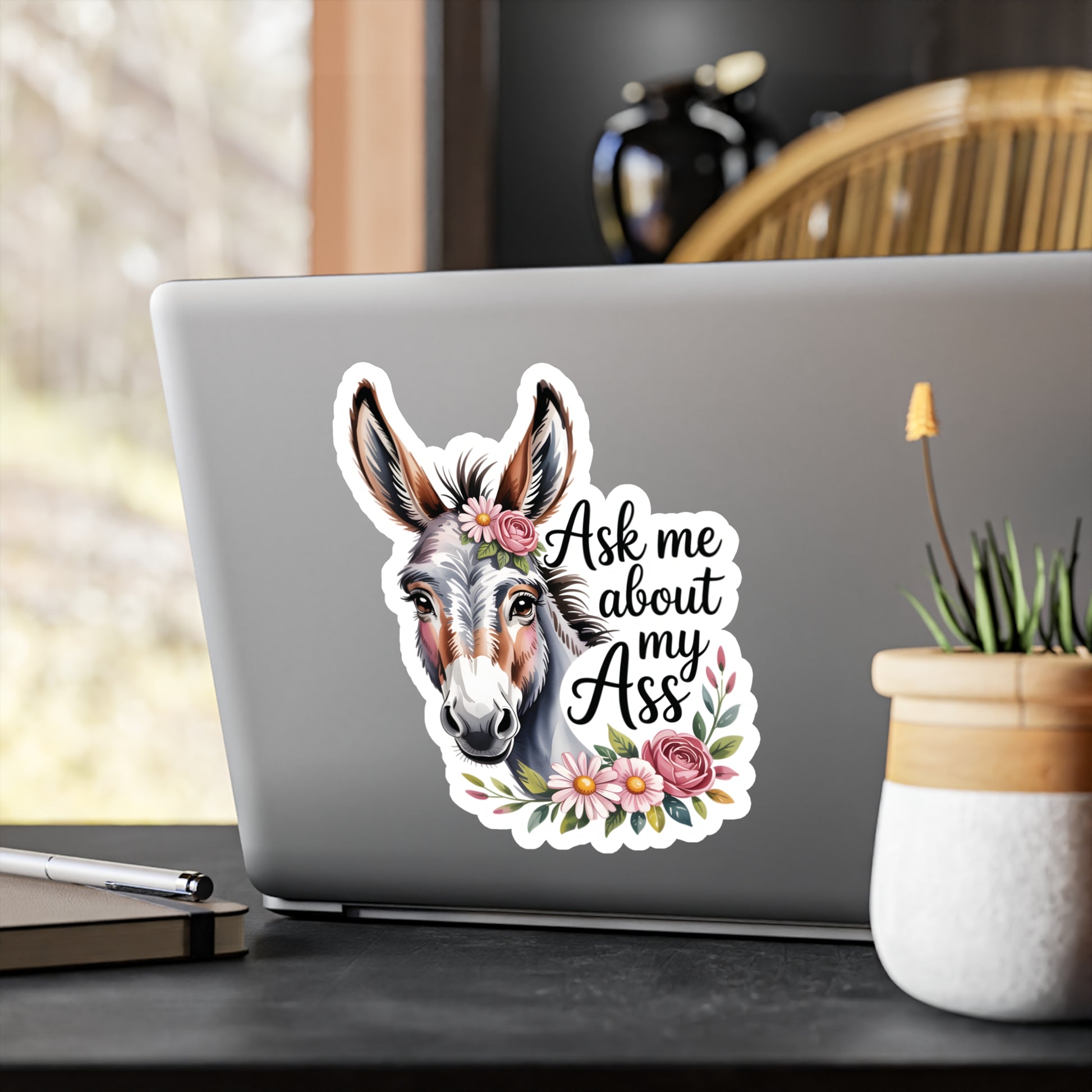 8" x 10" Kiss-Cut Satin | Ask Me About My Ass – Floral Donkey & Mule Kiss-Cut Sticker | Stickers