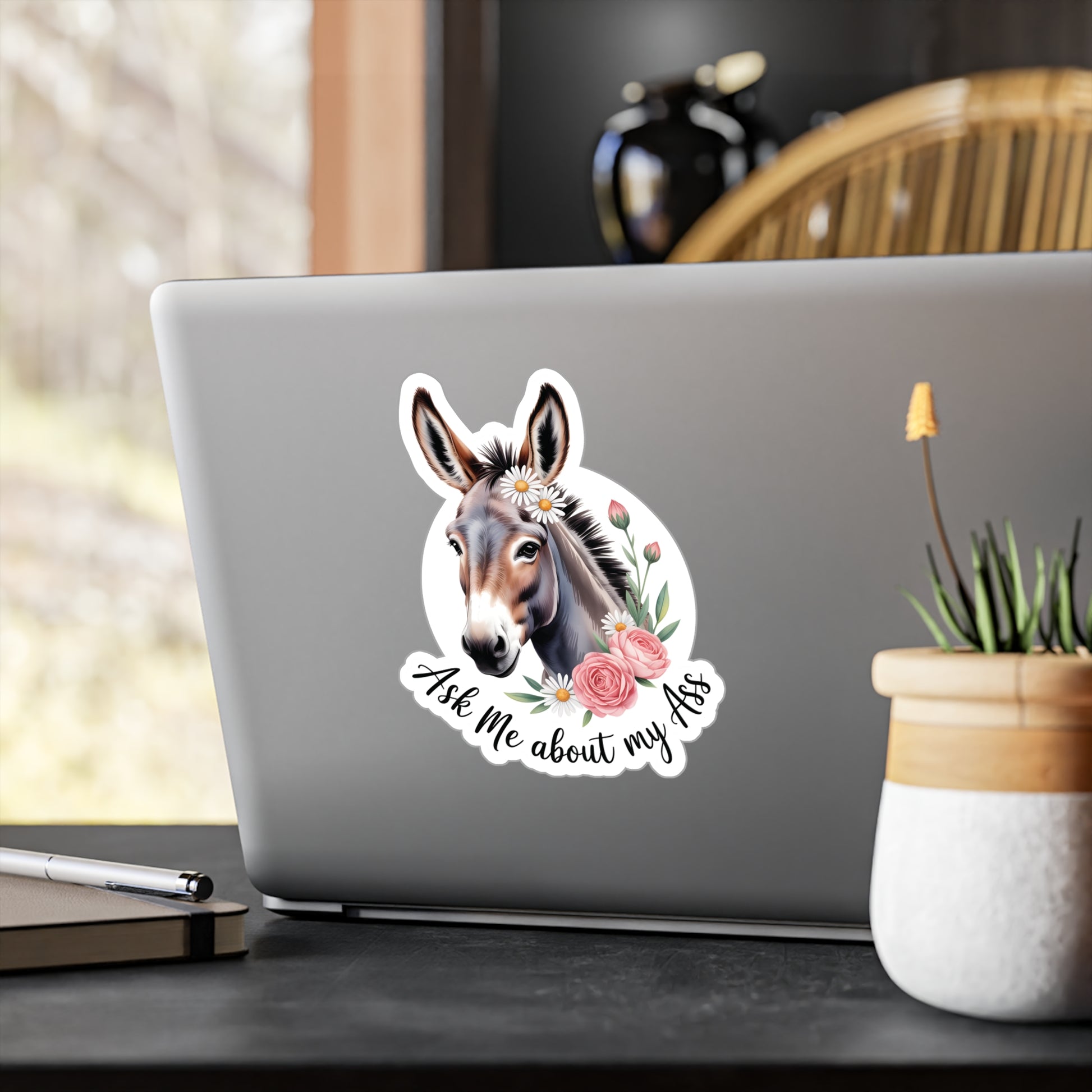 6" x 8" Kiss-Cut Satin | Ask Me About My Ass – Floral Donkey & Mule Kiss-Cut Sticker | Stickers