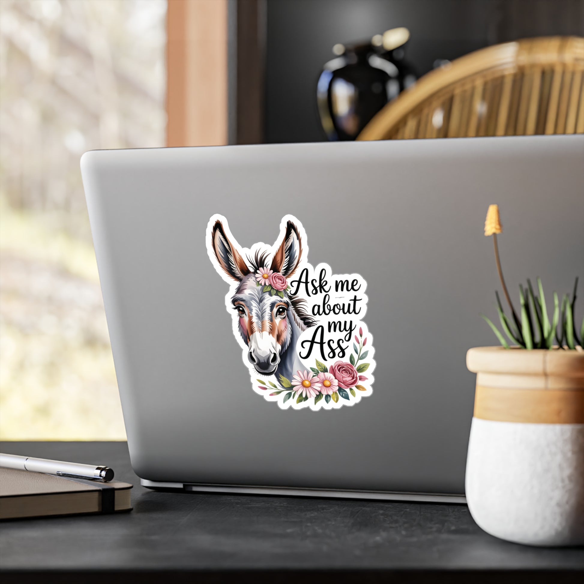 6" x 8" Kiss-Cut Satin | Ask Me About My Ass – Floral Donkey & Mule Kiss-Cut Sticker | Stickers