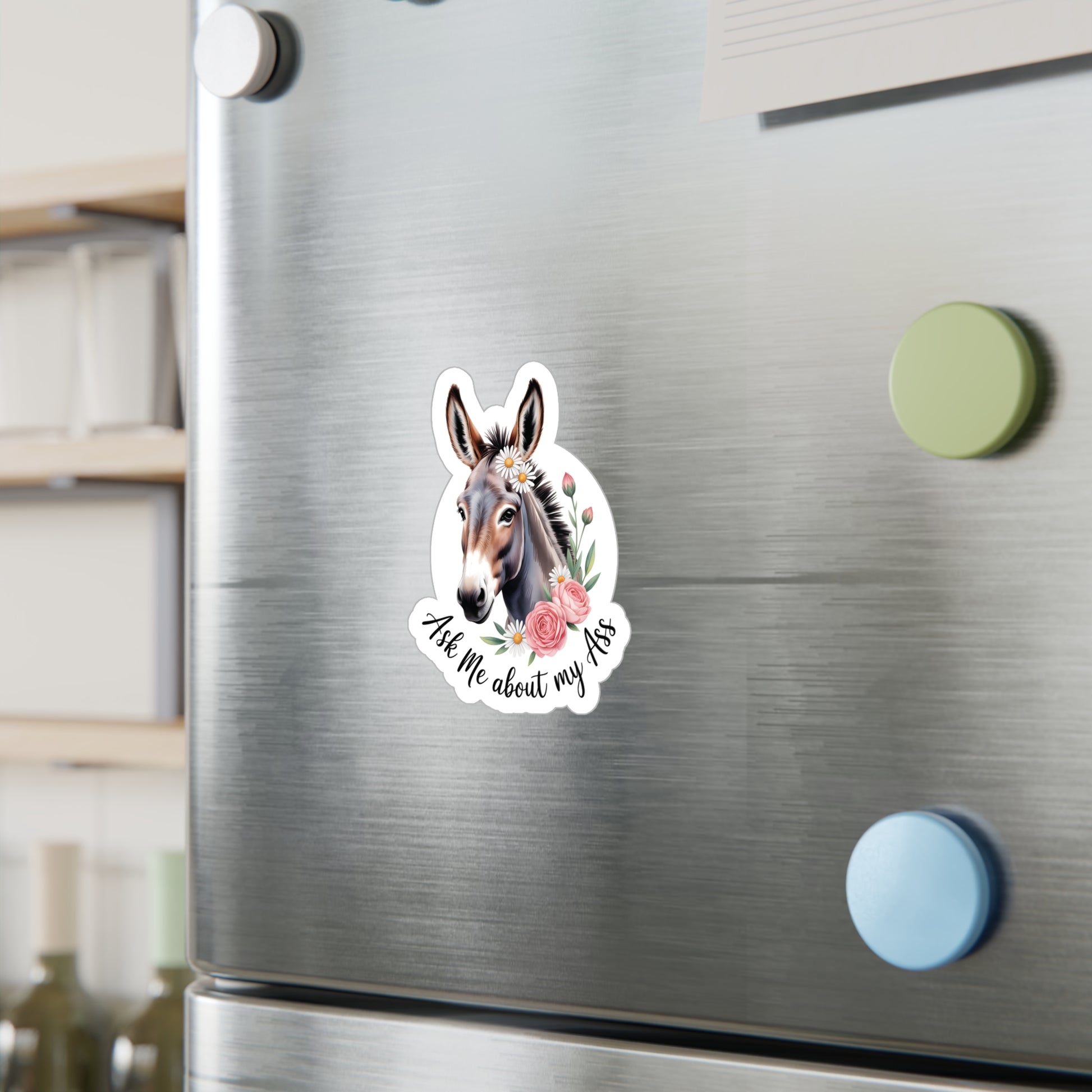 4" x 6" Kiss-Cut Satin | Ask Me About My Ass – Floral Donkey & Mule Kiss-Cut Sticker | Stickers
