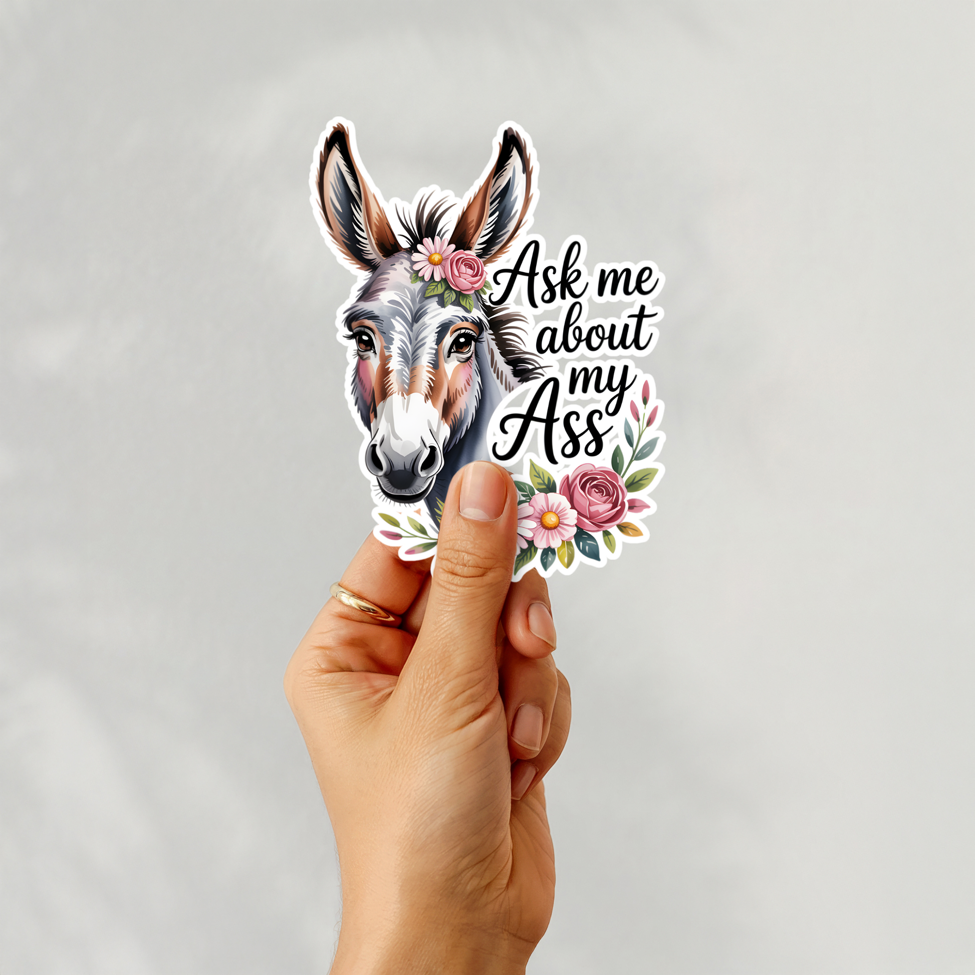 Ask Me About My Ass – Floral Donkey & Mule Kiss-Cut Sticker