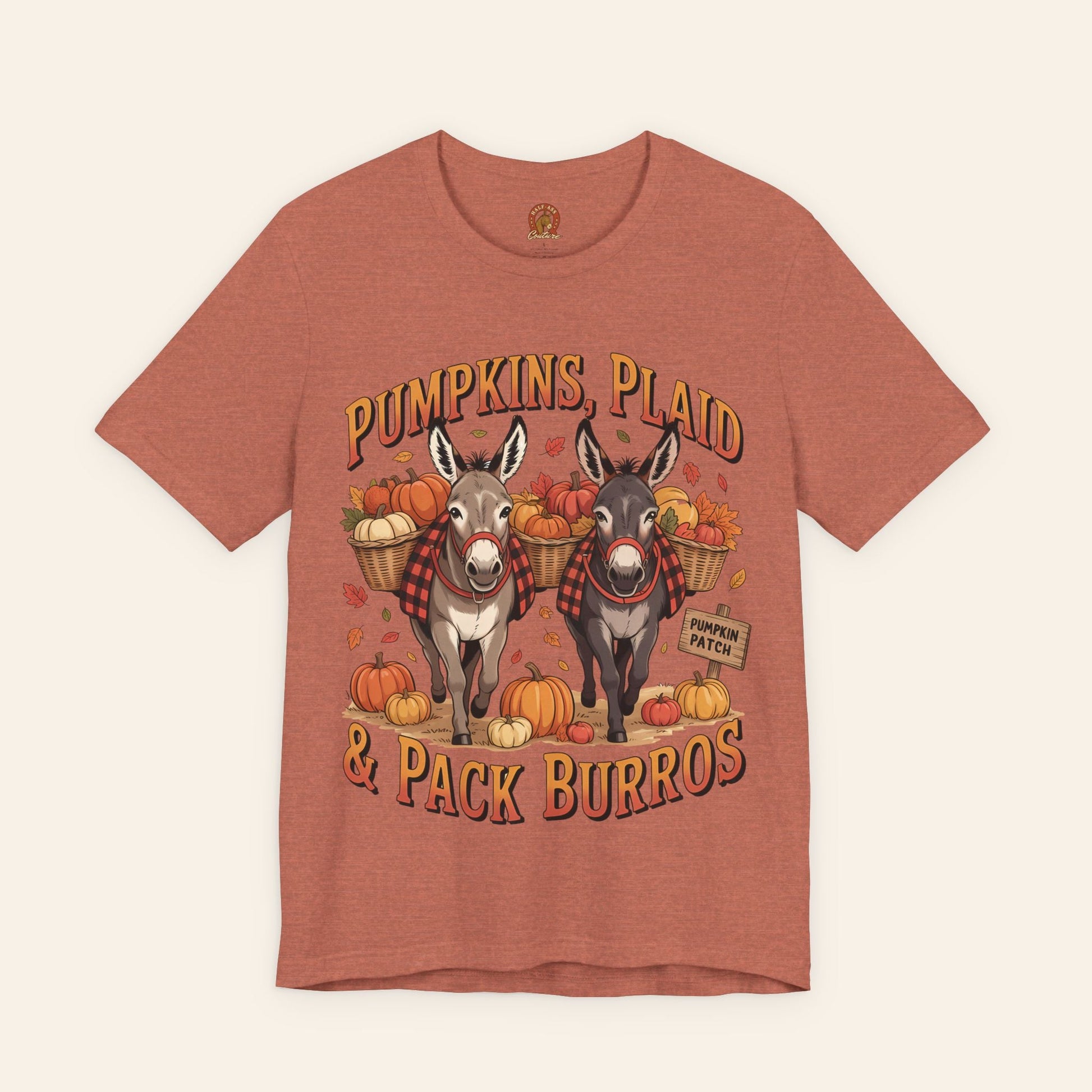 T-Shirt Fall Harvest Tee - Pumpkins, Plaid & Pack Burros Unisex T-Shirt Heather Clay / S