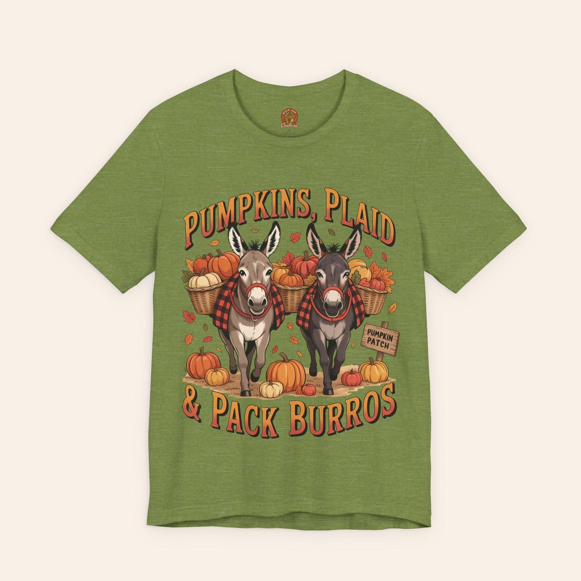 T-Shirt Fall Harvest Tee - Pumpkins, Plaid & Pack Burros Unisex T-Shirt Heather Green / S